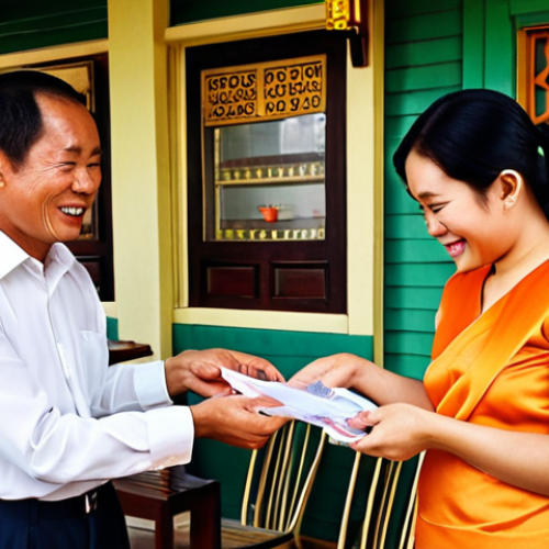 **Image Prompt 1: Selling a Business**
    An older, content Thai business owner, perhaps a woman, is handing over a symbolic key or a set of business documents to a younger, enthusiastic person, implying a successful sale and transition. They stand in front of a well-established local Thai business, like a charming restaurant or a traditional shophouse office. The scene conveys a sense of positive closure for the seller and a fresh start for the buyer. Warm, inviting lighting.