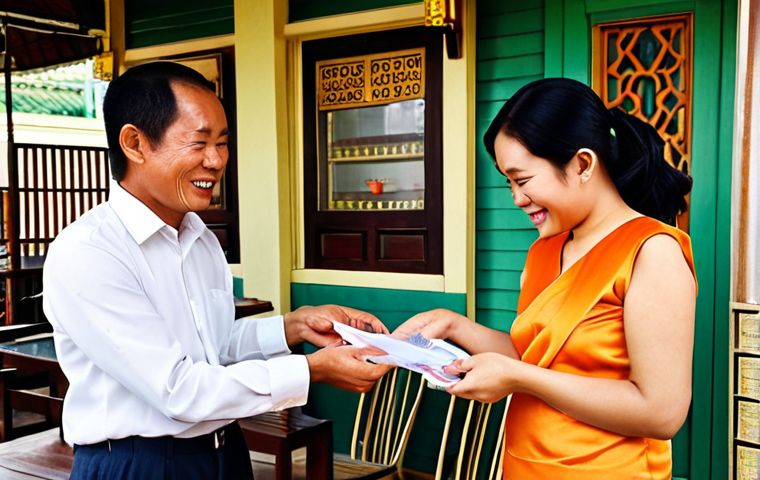 **Image Prompt 1: Selling a Business**
An older, content Thai business owner, perhaps a woman, is handing over a symbolic key or a set of business documents to a younger, enthusiastic person, implying a successful sale and transition. They stand in front of a well-established local Thai business, like a charming restaurant or a traditional shophouse office. The scene conveys a sense of positive closure for the seller and a fresh start for the buyer. Warm, inviting lighting.