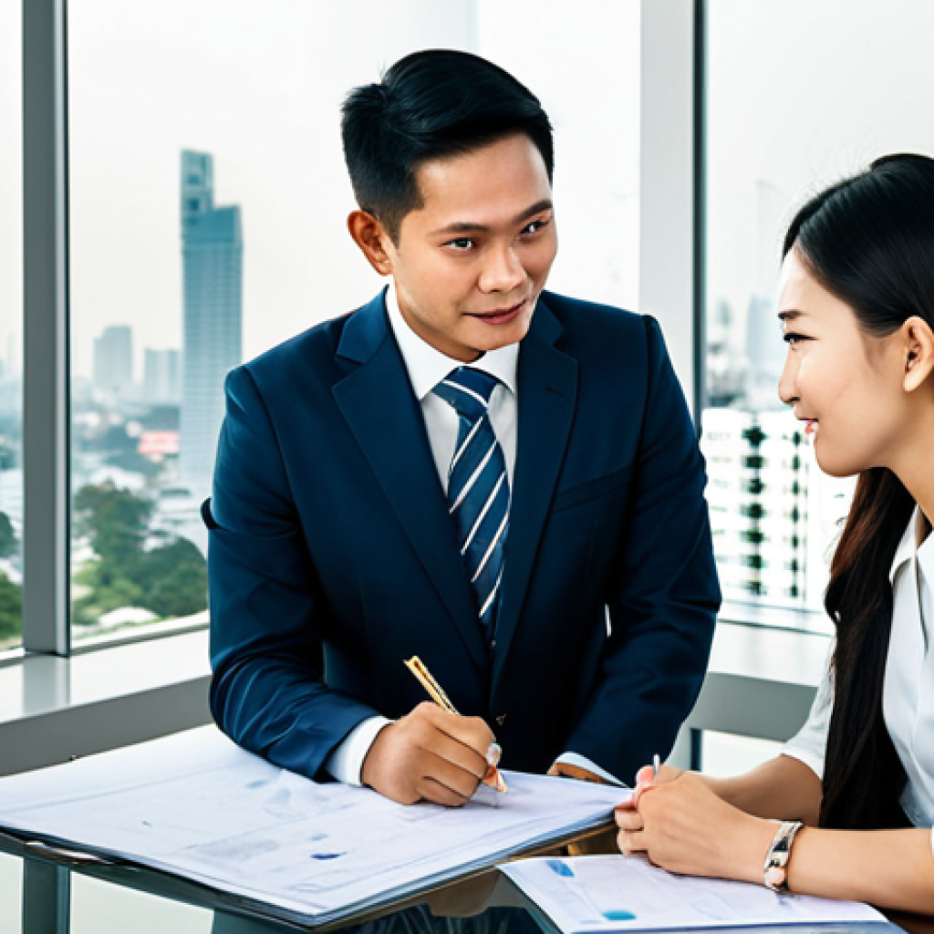 Collaborative Business Meeting in Bangkok**

"A professional meeting taking place in a modern Bangkok office. Two Thai business people, fully clothed in appropriate business attire, are discussing a project plan with a confident and collaborative demeanor. The scene showcases bright, natural light, and a backdrop of the Bangkok skyline. Focus on clear communication and mutual respect. Safe for work, appropriate content, family-friendly, perfect anatomy, natural pose, professional photography, high quality."

**