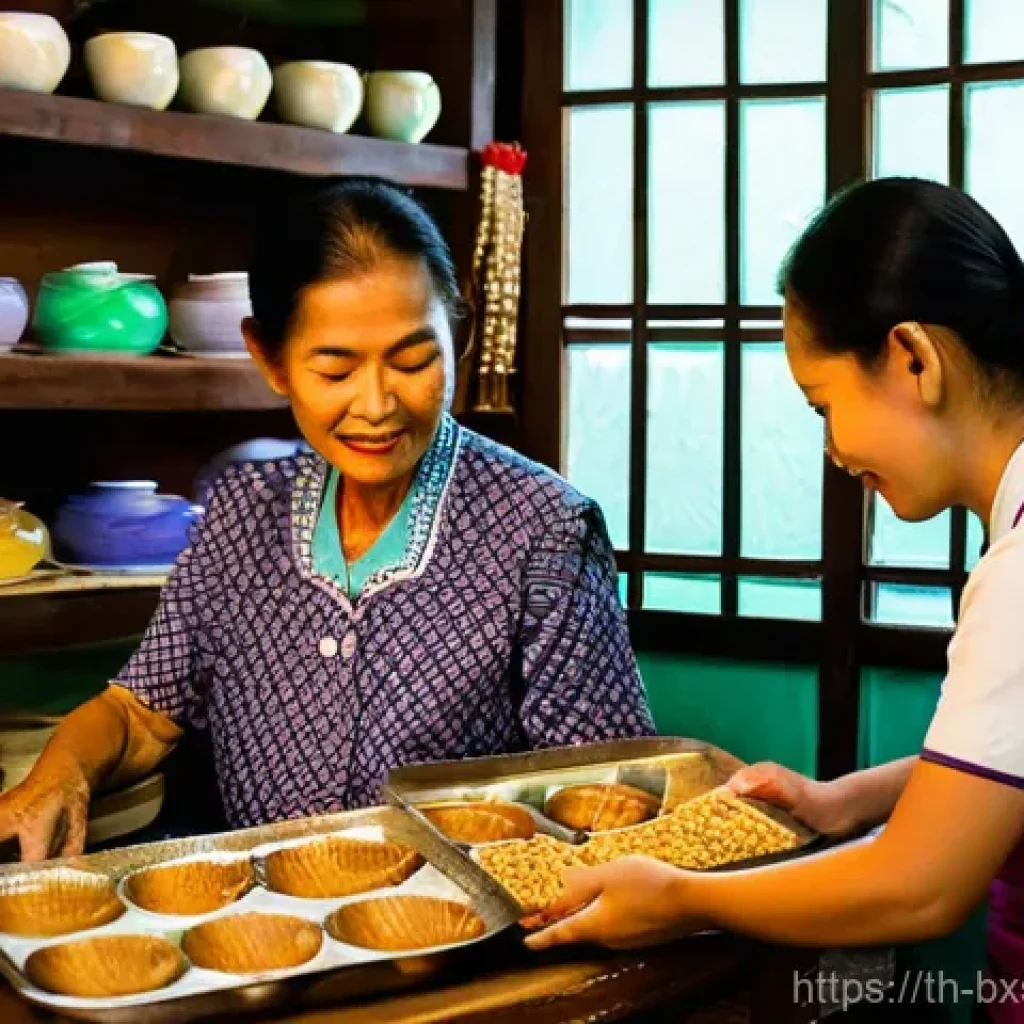 출구 전략과 고객 유지율의 관계 - **A heartwarming scene of generational knowledge transfer in a traditional Thai dessert shop.** An e...