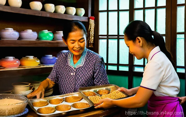 출구 전략과 고객 유지율의 관계 - **A heartwarming scene of generational knowledge transfer in a traditional Thai dessert shop.** An e...