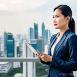 Home 16 비즈니스 출구 전략과 고객 관계 관리 - **Prompt:** A successful Thai female entrepreneur, in her late 30s, stands confidently in a sleek, m...