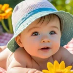 Home 13 비즈니스 출구 전략을 위한 재무 분석 도구 - A charming, sun-drenched garden scene featuring a happy toddler with bright, curious eyes. The toddl...