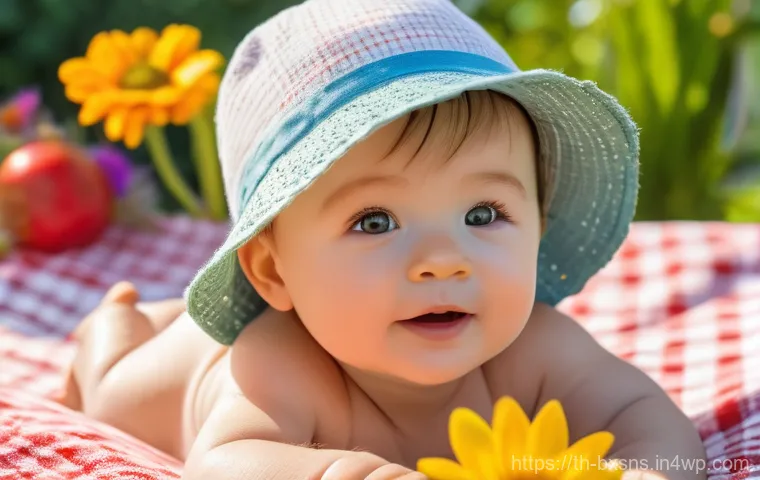 비즈니스 출구 전략을 위한 재무 분석 도구 - A charming, sun-drenched garden scene featuring a happy toddler with bright, curious eyes. The toddl...