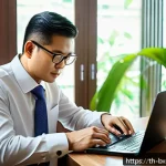 비즈니스 출구 전략 최적화 방법 - A detailed office scene showing a Thai business owner analyzing financial documents and charts on a ...