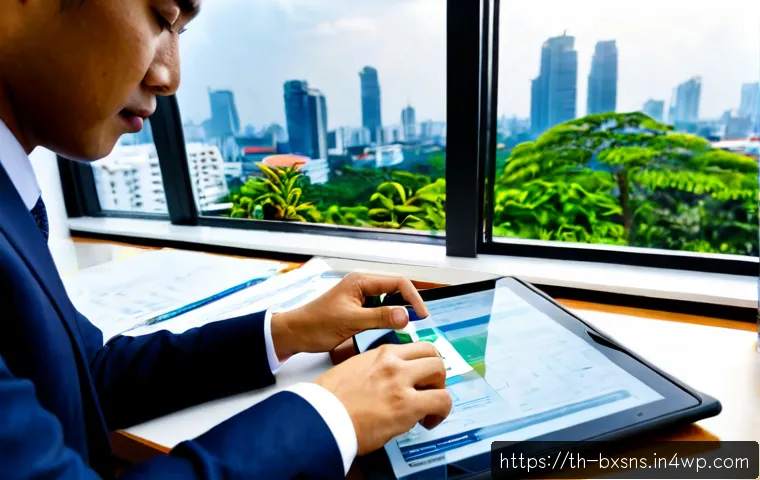 Home 17 출구 전략과 디지털 전환의 관계 - Photorealistic Bangkok business owner in a modern office reviewing a clean tablet dashboard while ha...